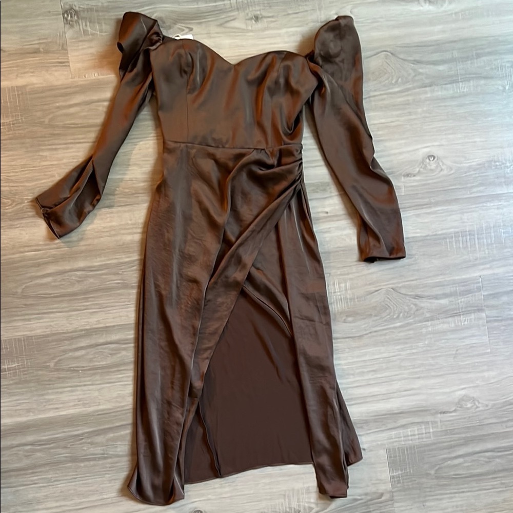 Aritzia Brown Asymmetrical Ruched Wrap Gown On the Shoulders OR off shoulder 4